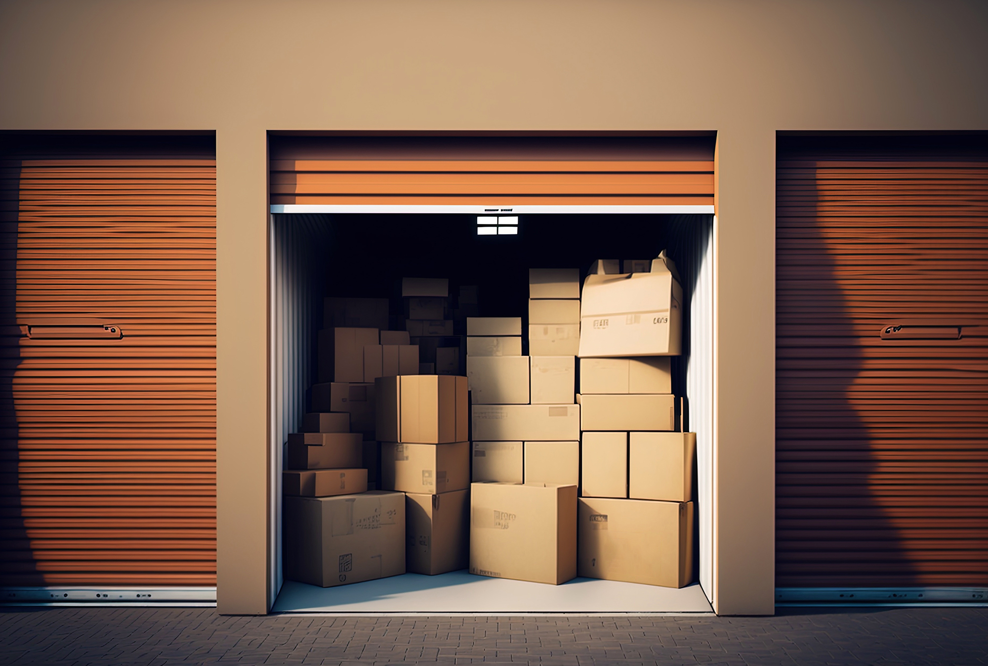 Packing boxes stacked in self-storage container