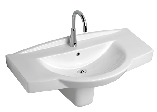 Sensor-operated faucets, such as this wall-hung, ADA-compliant model, help impro