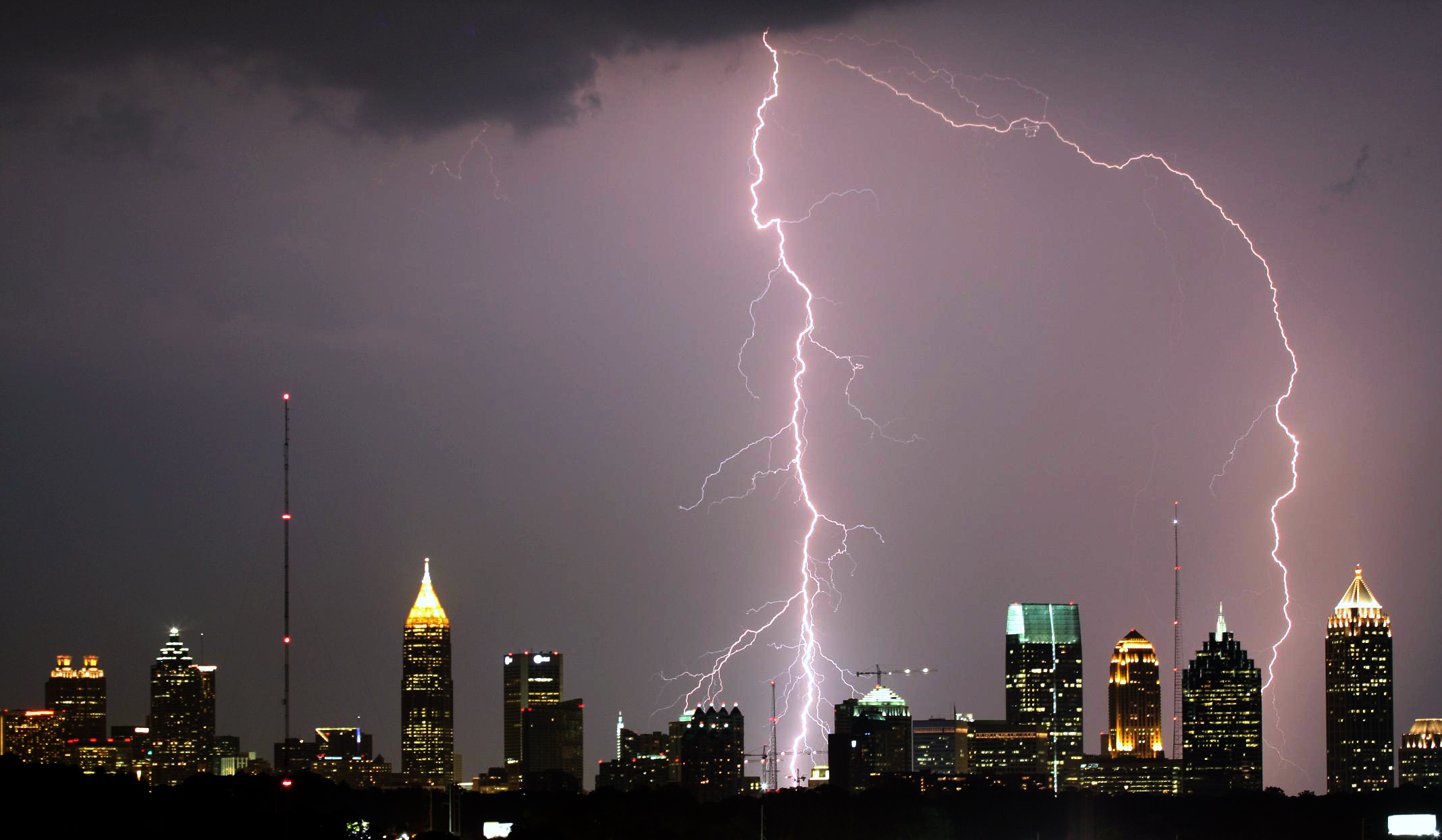 Atlanta lightning strike over city at night