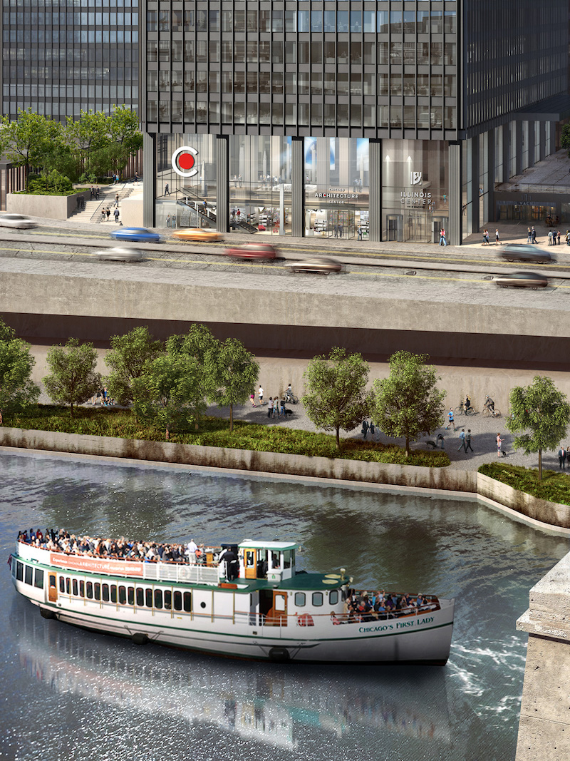 A rendering of the CAC building above a Chicago architecture boat tour