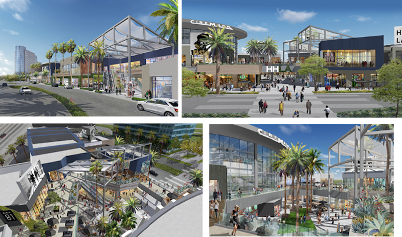 A collage of four renderings showing the new Howard Hughes Center from Laurus Corporation and the Jerde Partnership