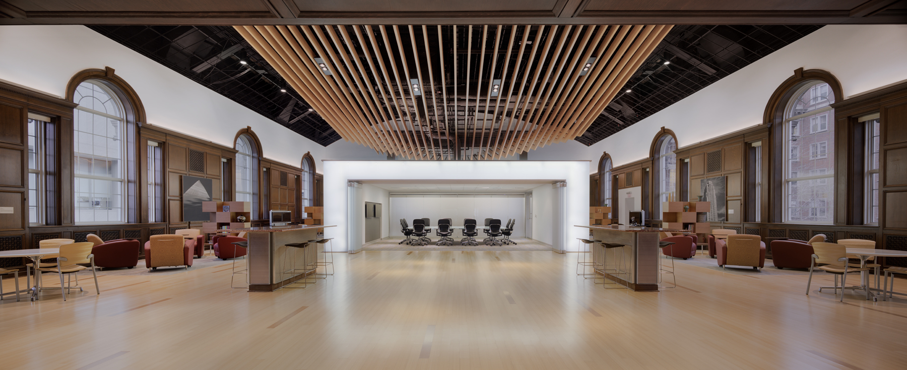 This free-form floating ceiling uses aluminum to add drama to healthcare think t