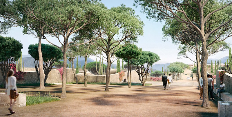 Rendering of some of the landscaped paths around the Berggruen Institute