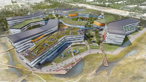 The new "Googleplex" will feature green roofs and common spaces.