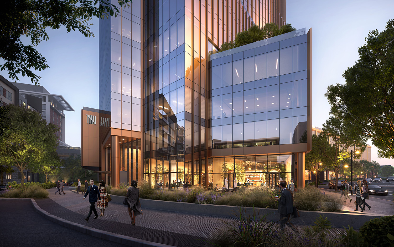 Construction recently started on 5 City Blvd, a 15-story office and mixed-use building in Nashville. Rendering courtesy Goettsch Partners