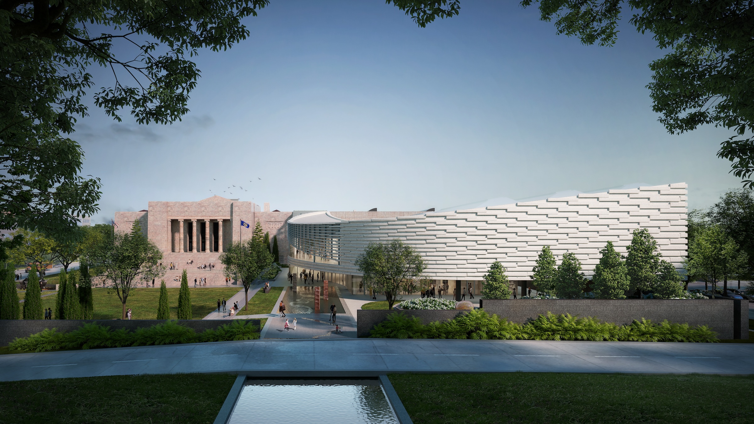 East elevation of the Joslyn Building, Hawks Pavilion, central lawn, and courtyard garden. Rendering courtesy Moare