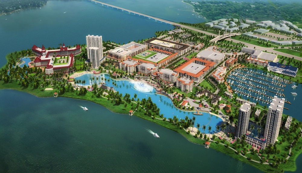 A man-made lagoon with a Bellagio-like fountain will be the highlight of a mixed-use project outside Dallas
