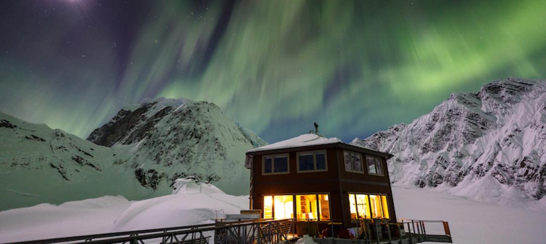 The Sheldon Chalet with the aurora borealis in the background