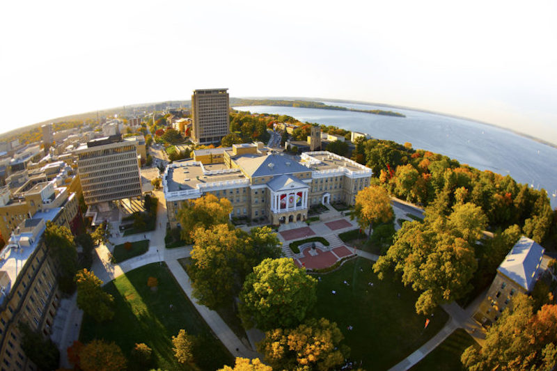 An aerial photograph of the UW Madison campus