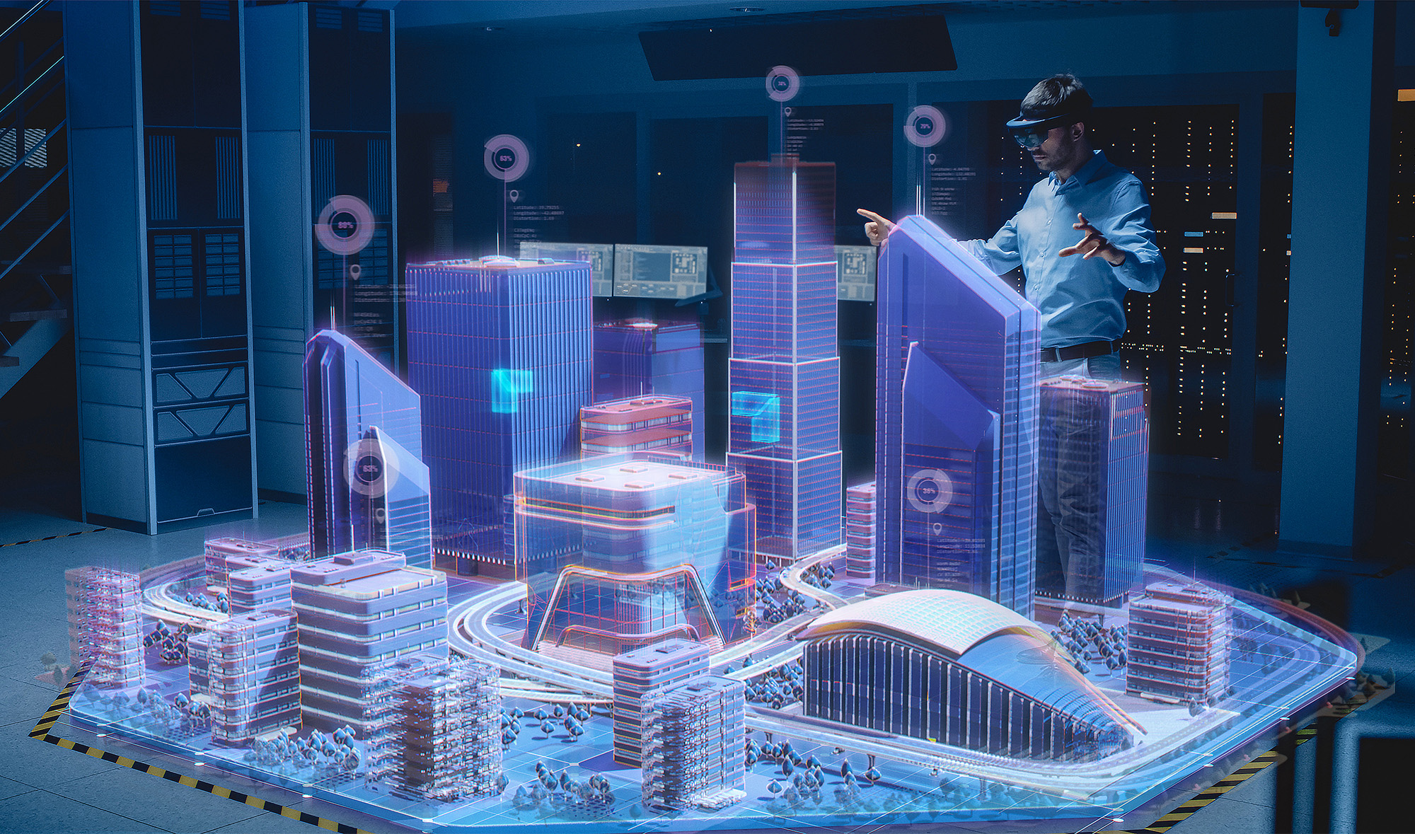 Man with augmented reality headset in front of 3D city hologram