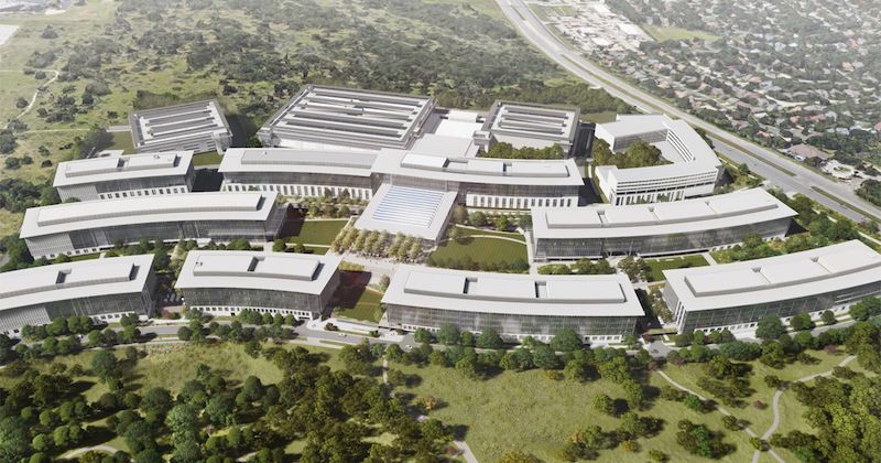 Aerial rendering of Apple's under construction Austin Campus