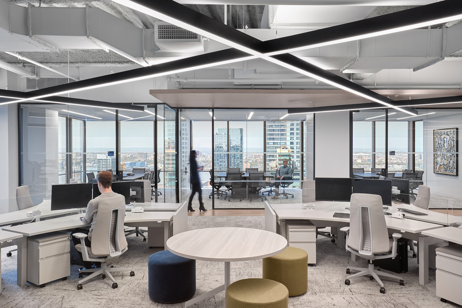 Workstations angled at 120 degrees are part of the open design of Ducera Partners' headquarters.