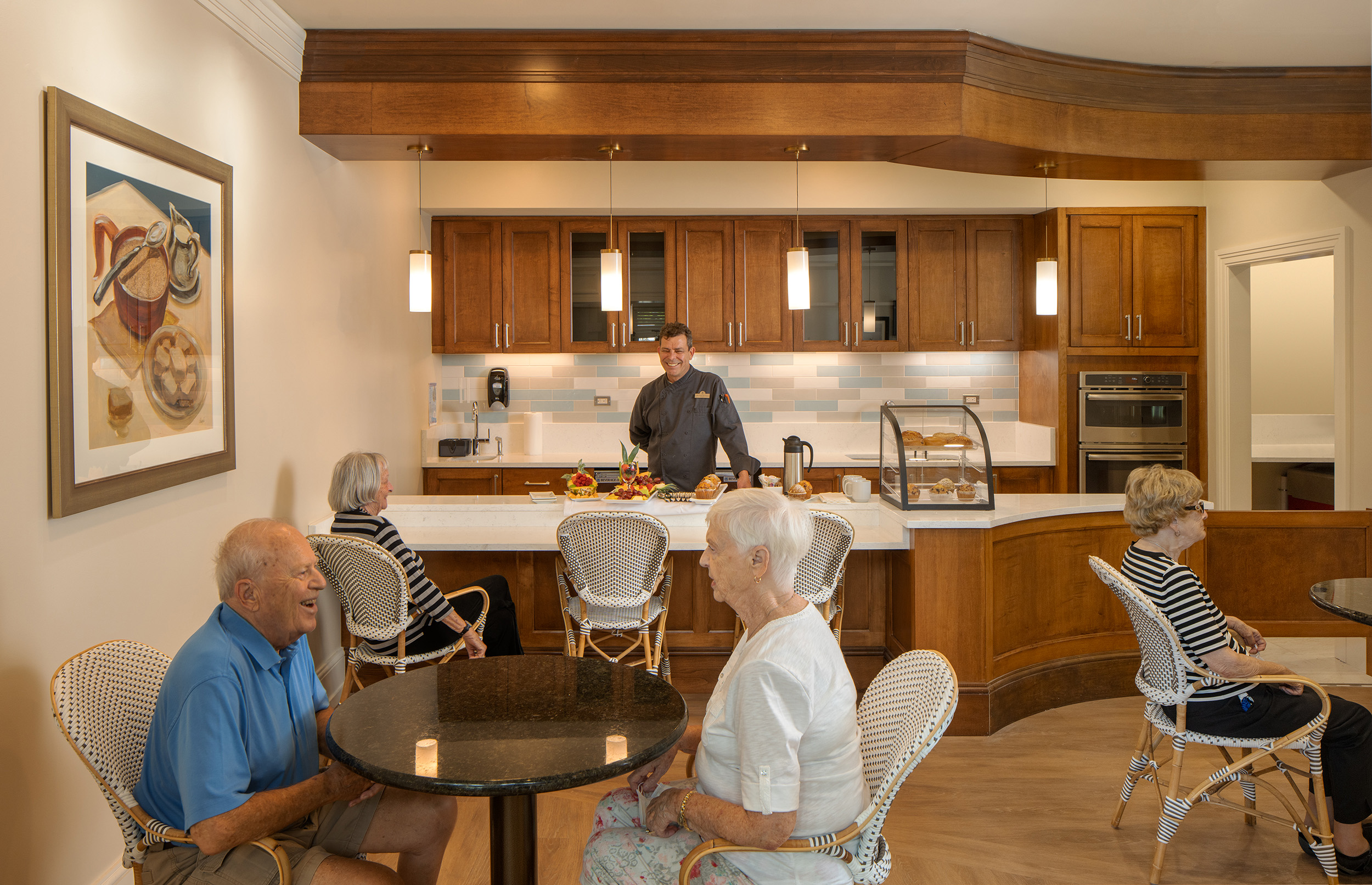 Senior living facility bakery with customers