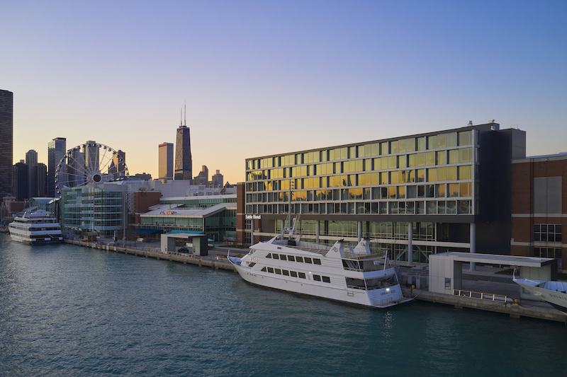 Sable at Navy Pier exterior against the city