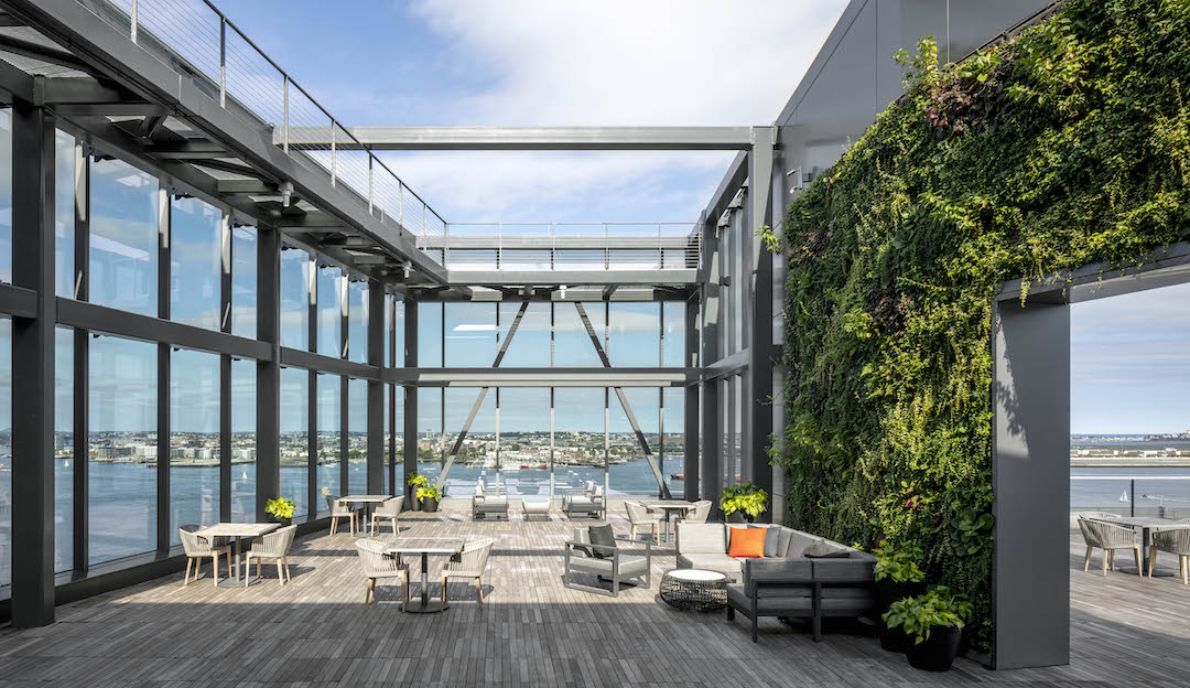 Rooftop deck of the 13-story, LEED Gold Pier 4 office building in Boston’s Seaport district, designed by Elkus Manfredi Architects,. Photo: Magda Biernat Photography