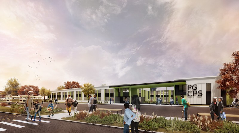 Exterior rendering of new K-12 school in Prince George's County in Maryland