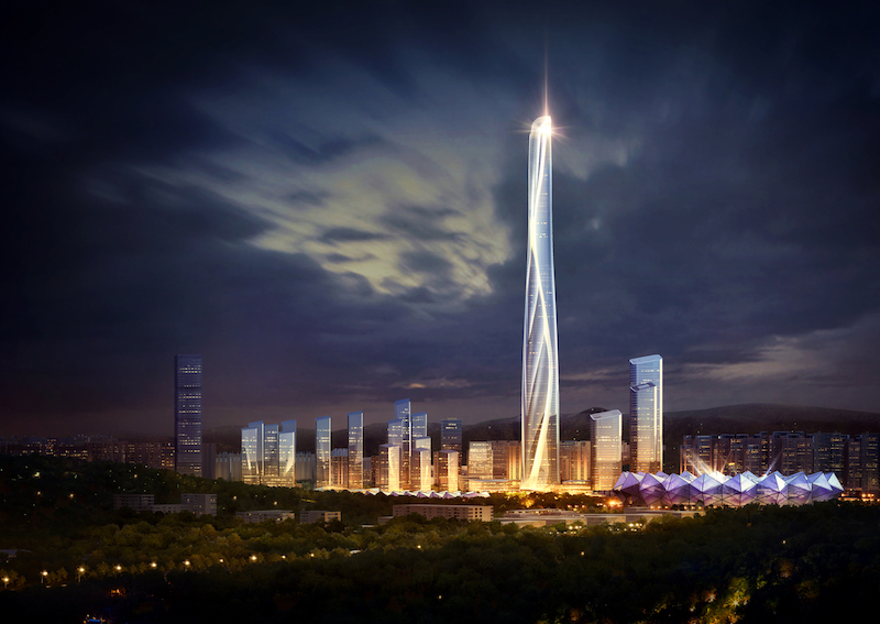 Shenzhen-Hong Kong International Center lit up at night