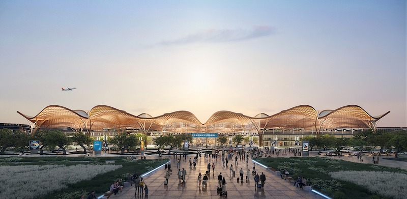 Shenzhen Airport East Integrated Transport Hub exterior at sunset