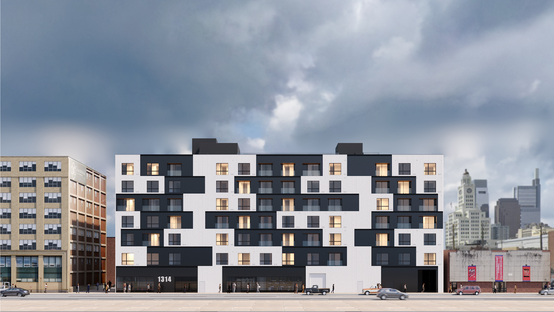Rendering of 1314 Spring Garden Street, a residential building whose modules will be manufactured offsite. Images: Volumetric Building Company