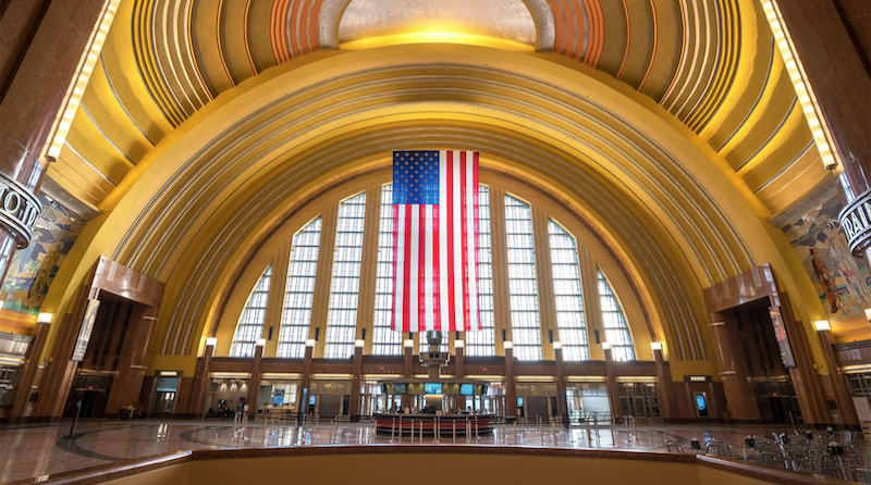 Inside Union Terminal with American flag