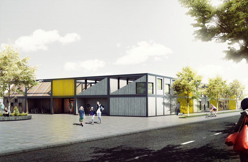 Polish architect designs modular ‘kids city’ kindergarten using shipping container frames