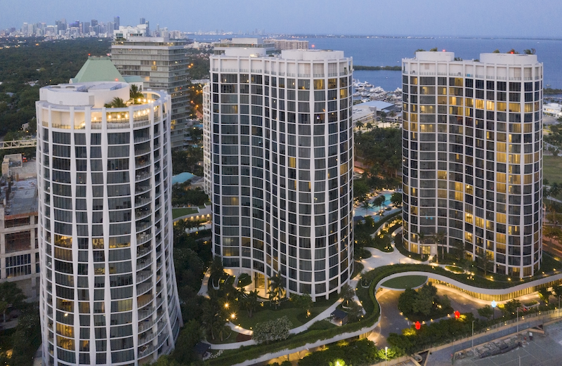Terra and The Related Group have completed One Park Grove, Coconut Grove, Fla. The 23-story tower (at right in photo), the first residential undertaking in the U.S. for Rem Koolhaas and his firm, OMA Photo: Robin Hill