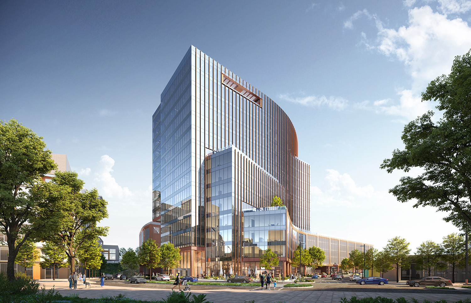 Vor kurzem wurde mit dem Bau des 5 City Blvd begonnen, einem 15-stöckigen Büro- und Mischnutzungsgebäude in Nashville.  Mit freundlicher Genehmigung von Goettsch Partners
