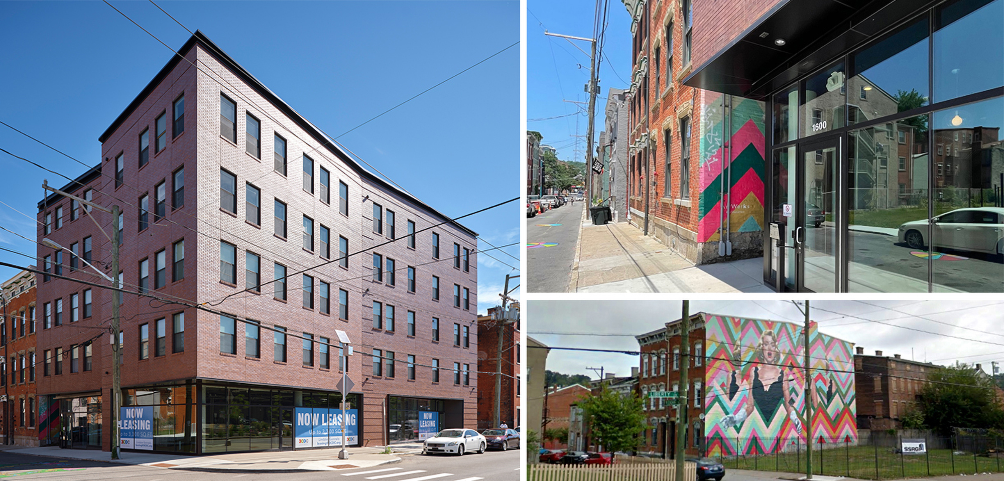 Before and after of historic building and a mural around it