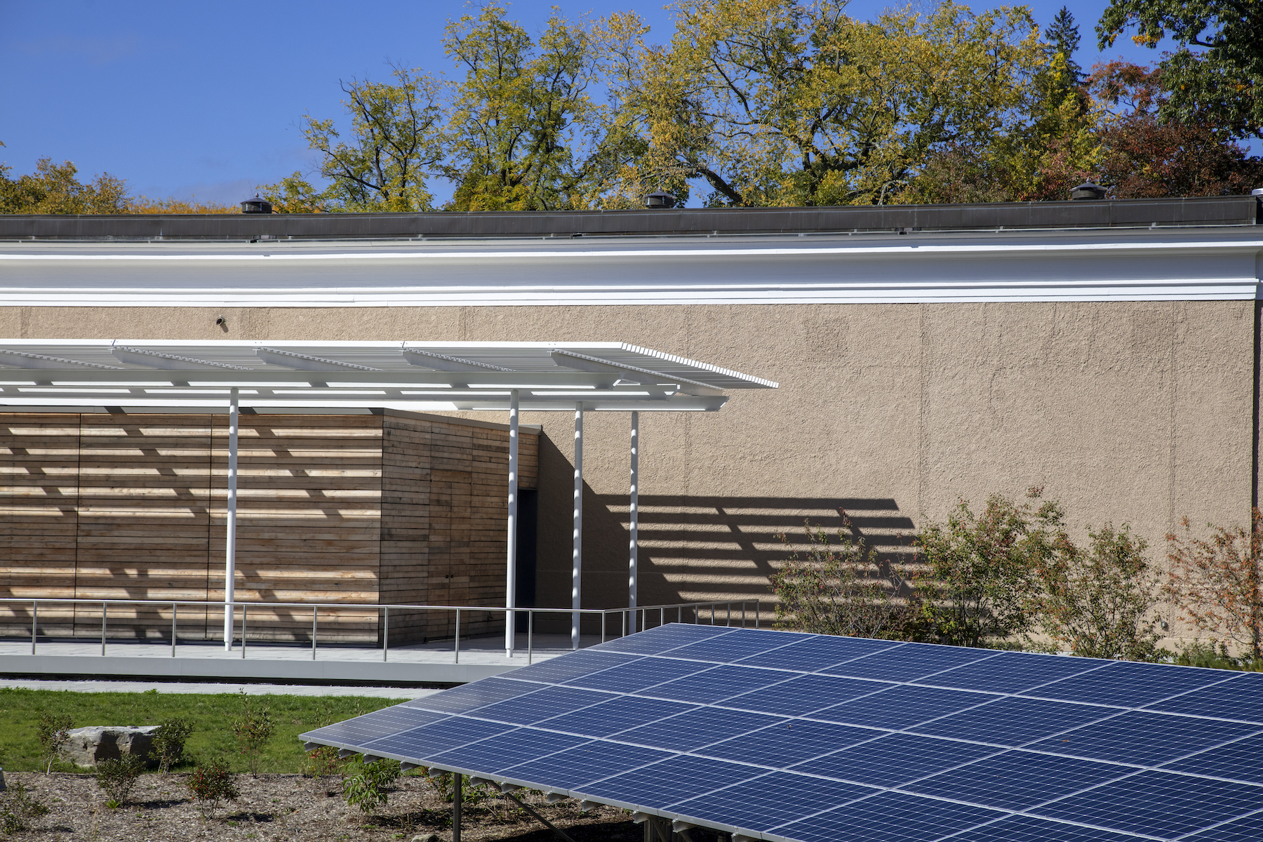 Solar arrays contribute to the building's energy efficiency.