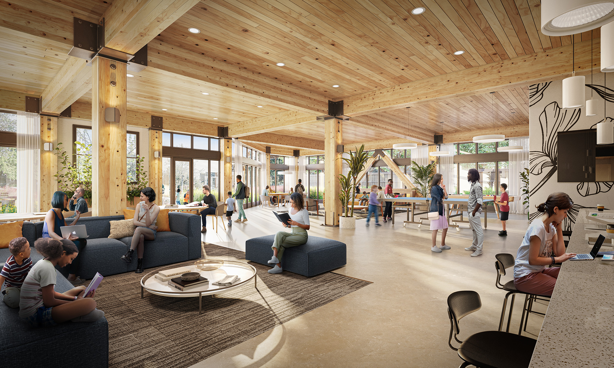 Mass Timber multifamily lobby rendering