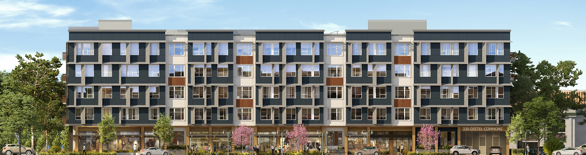 Multifamily development rendering with front view of building