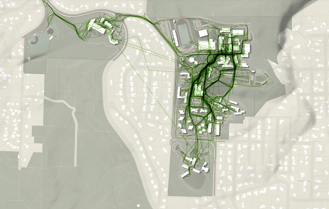 Data visualization showing how most pedestrian movement on campus is concentrated along a campus spine