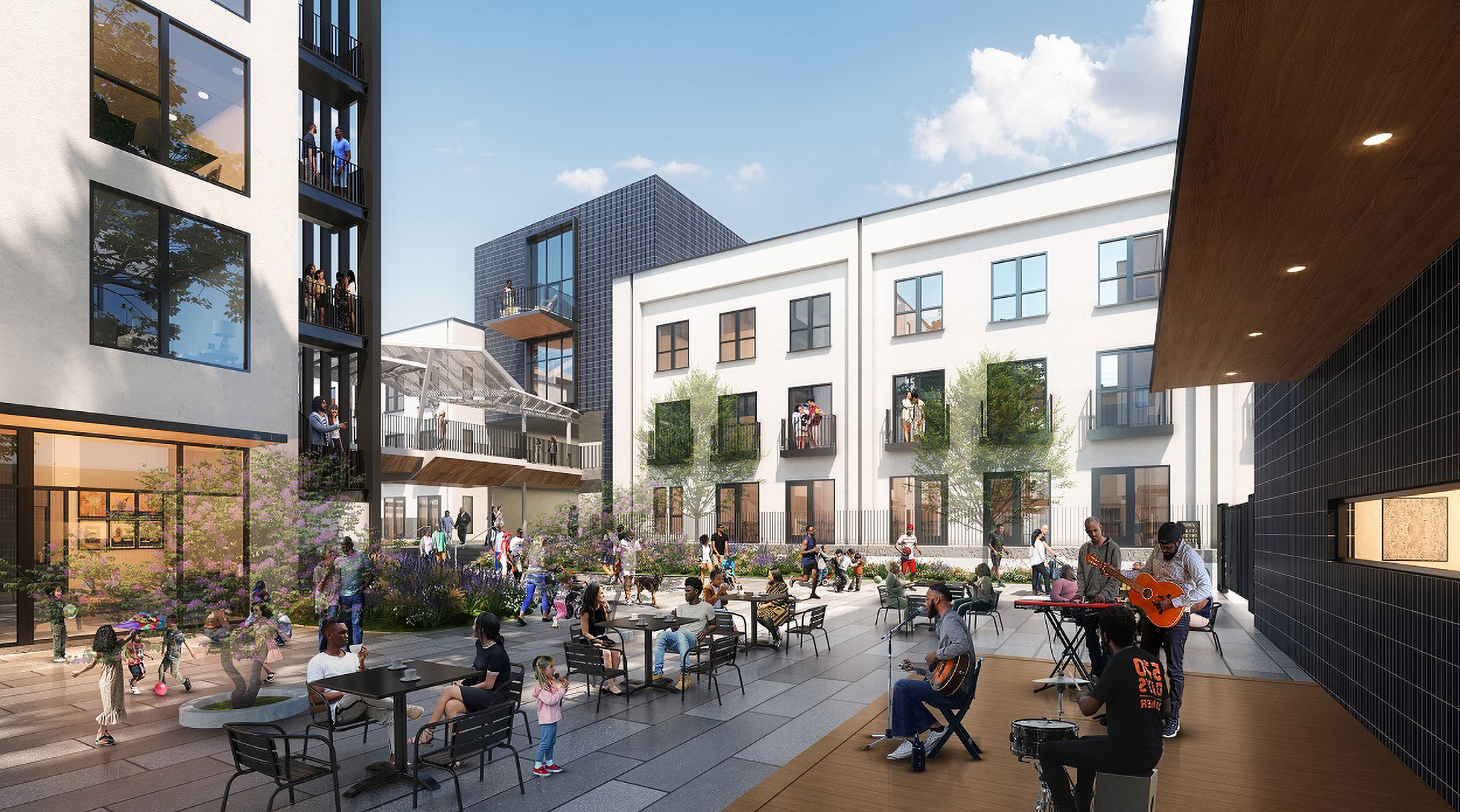 Rendering of mixed-use multifamily courtyard