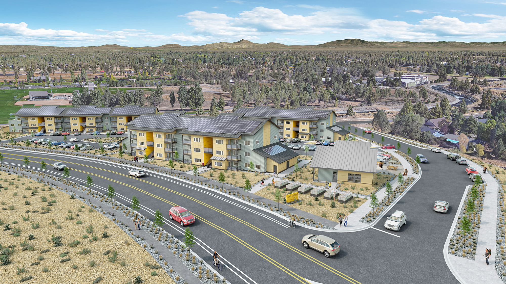Multifamily development rendering with view of mountains