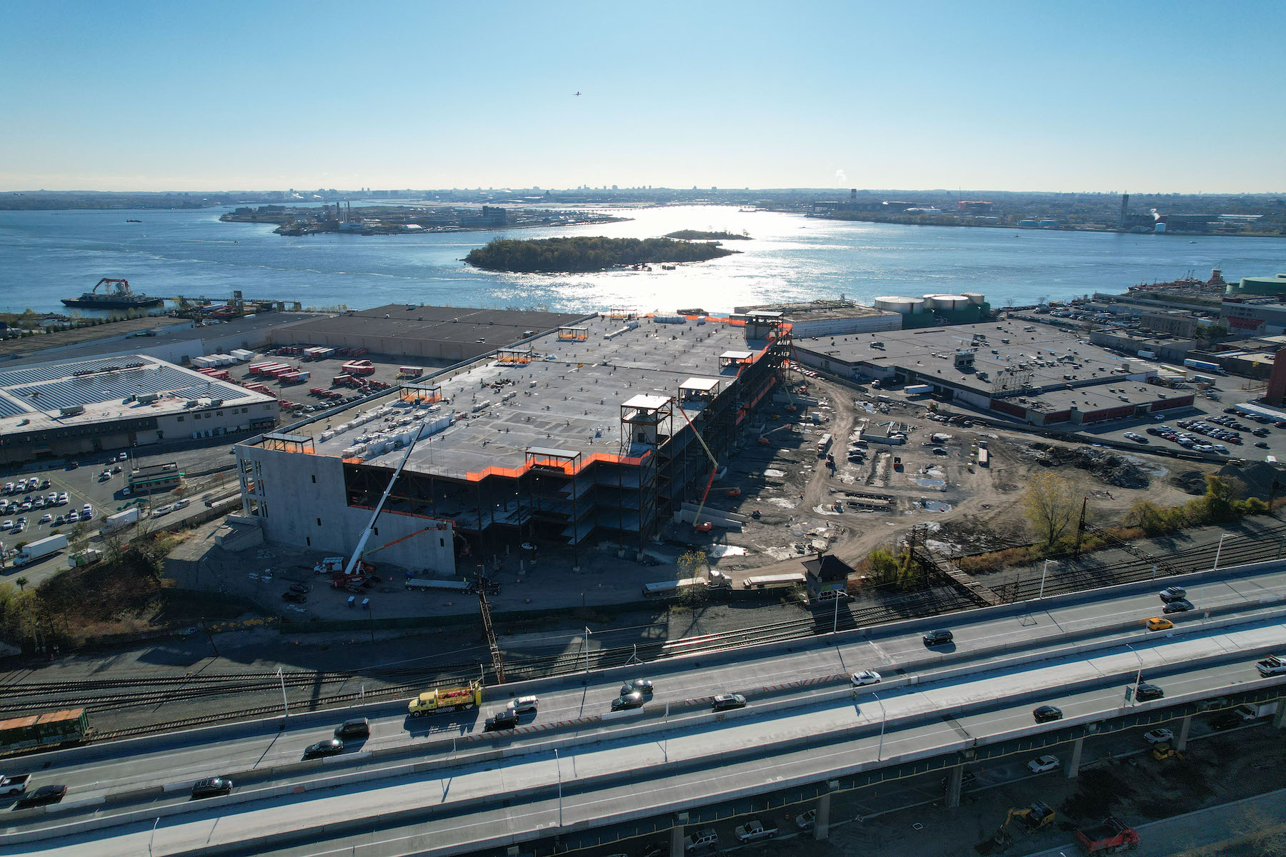A drone image of the Bronx Logistics Center under construction