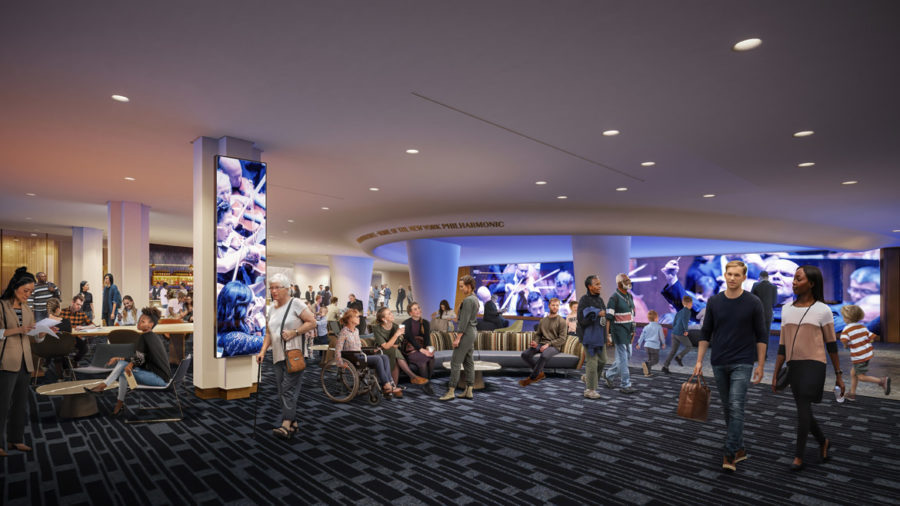The hall's lobby size has been doubled, and includes a 50-ft-long media screen.