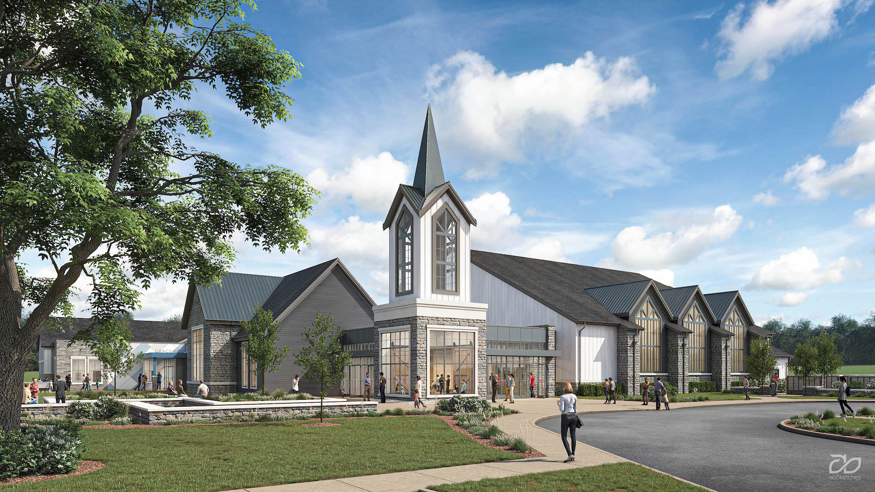 A rendering of Grace Church Bethlehem's 35,000-sf worship facility. Image: Courtesy of Serfass Construction