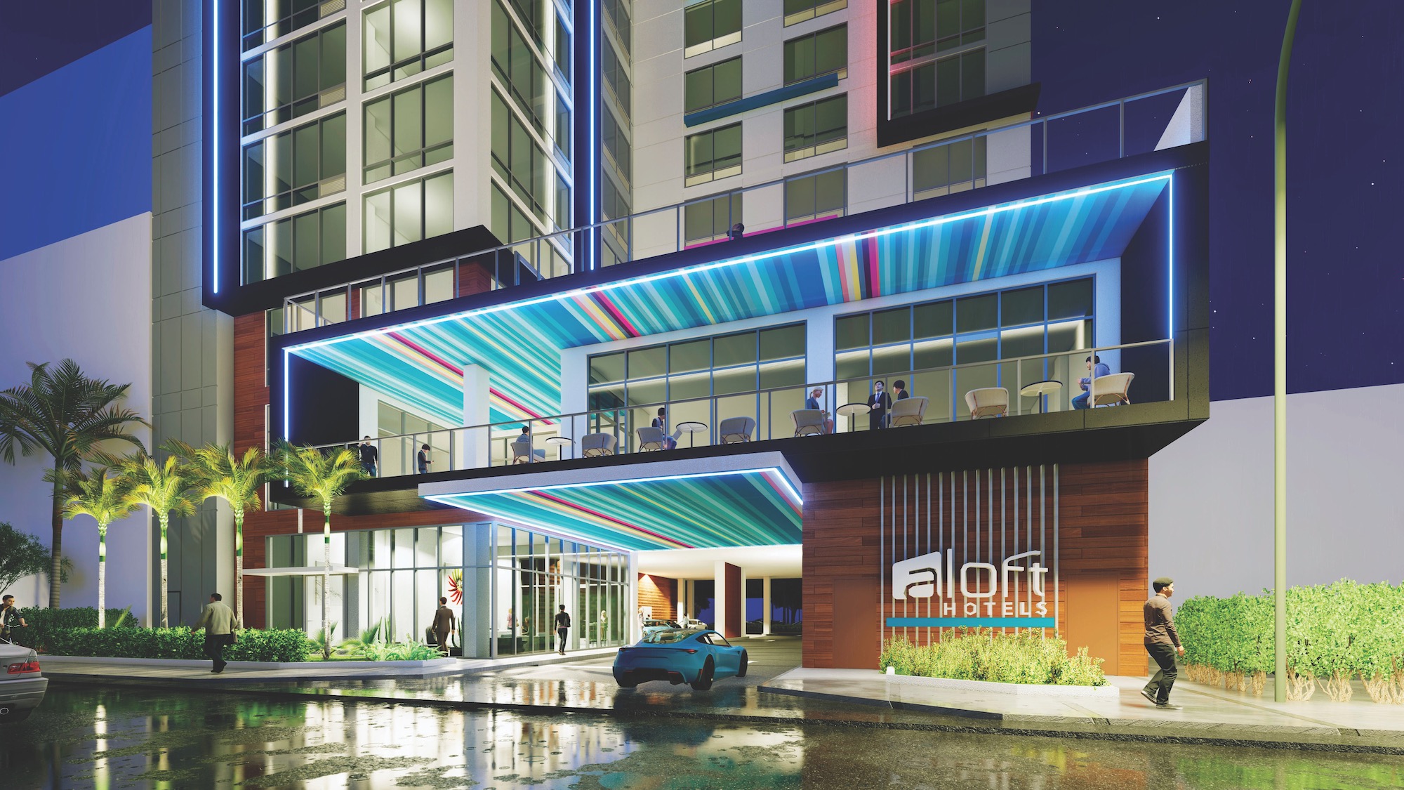 Hotel design trends for 2022 Aloft Fort Lauderdale features a second floor lobby