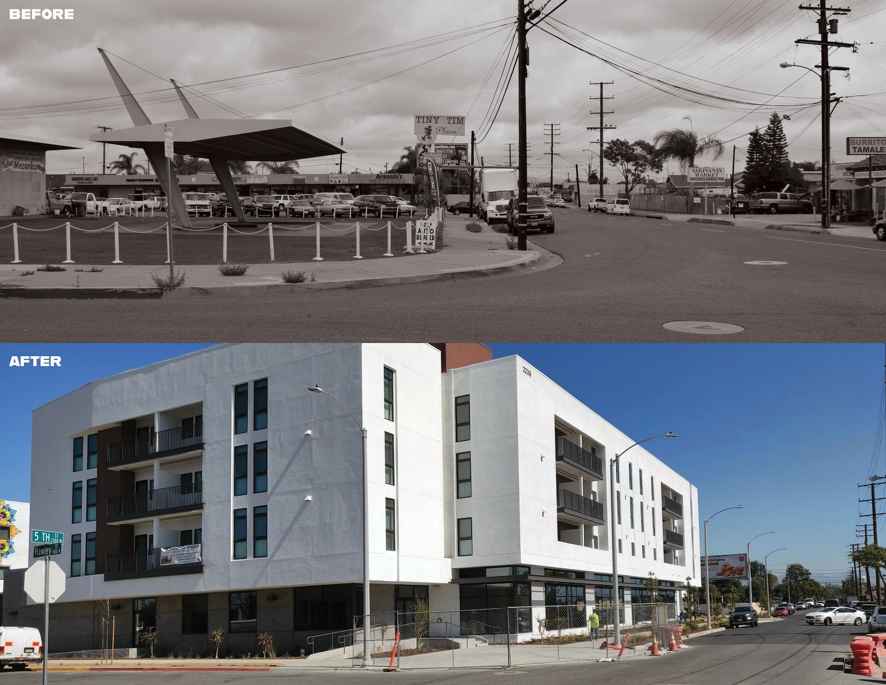 Tiny Tim Plaza’s Space Age gas station overhang (top) was removed to make way for the new residential structure (above). 