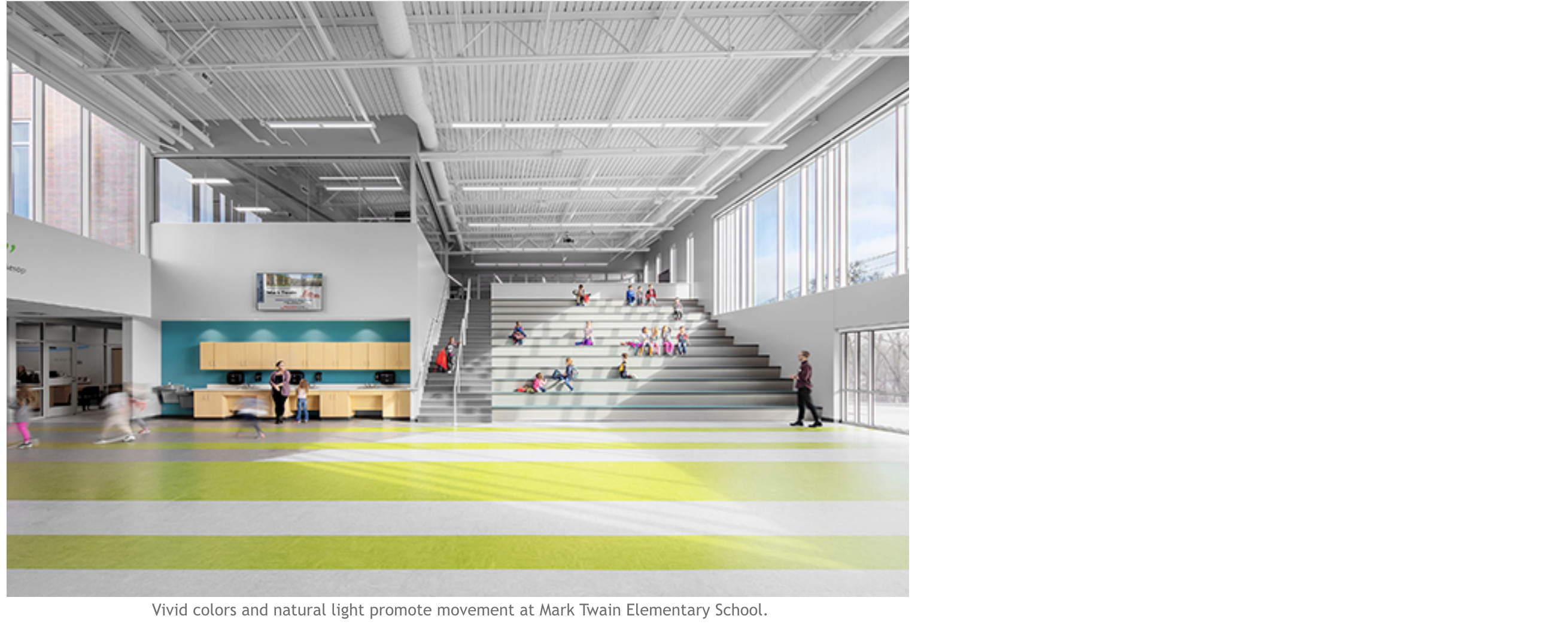 Vivid colors and natural light promote movement at Mark Twain Elementary School.