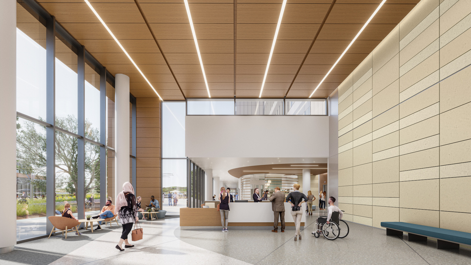 A spacious lobby greets visitors and patients at the UCI Medical Center.