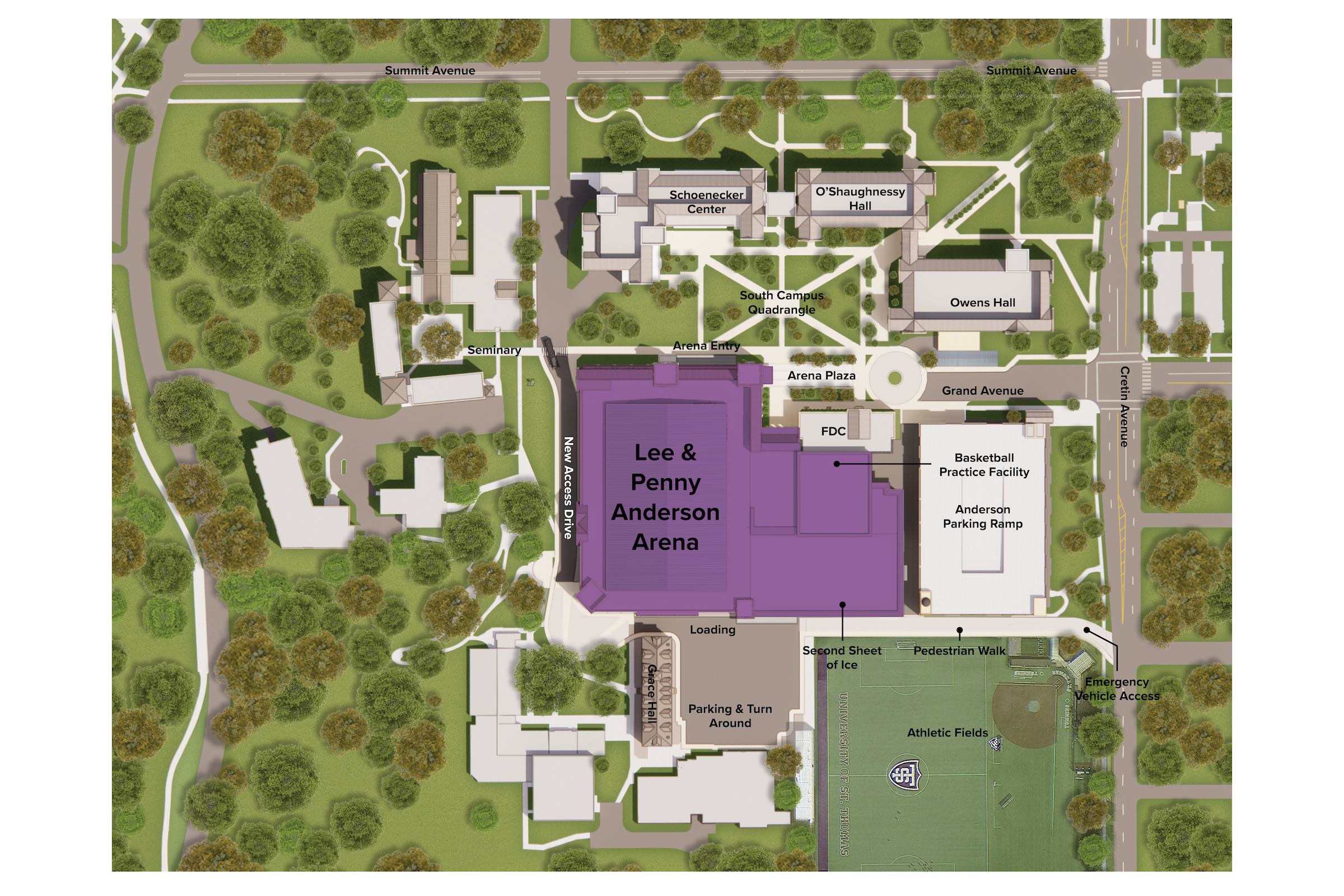 University of St. Thomas Lee and Penny Anderson Arena Renderings courtesy Ryan Companies, Crawford Architects Enlarged Site Plan
