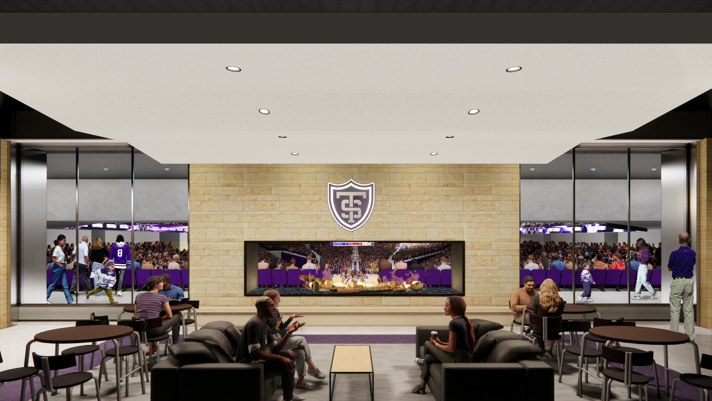 University of St. Thomas Lee and Penny Anderson Arena Renderings courtesy Ryan Companies, Crawford Architects Fireplace Gameday View