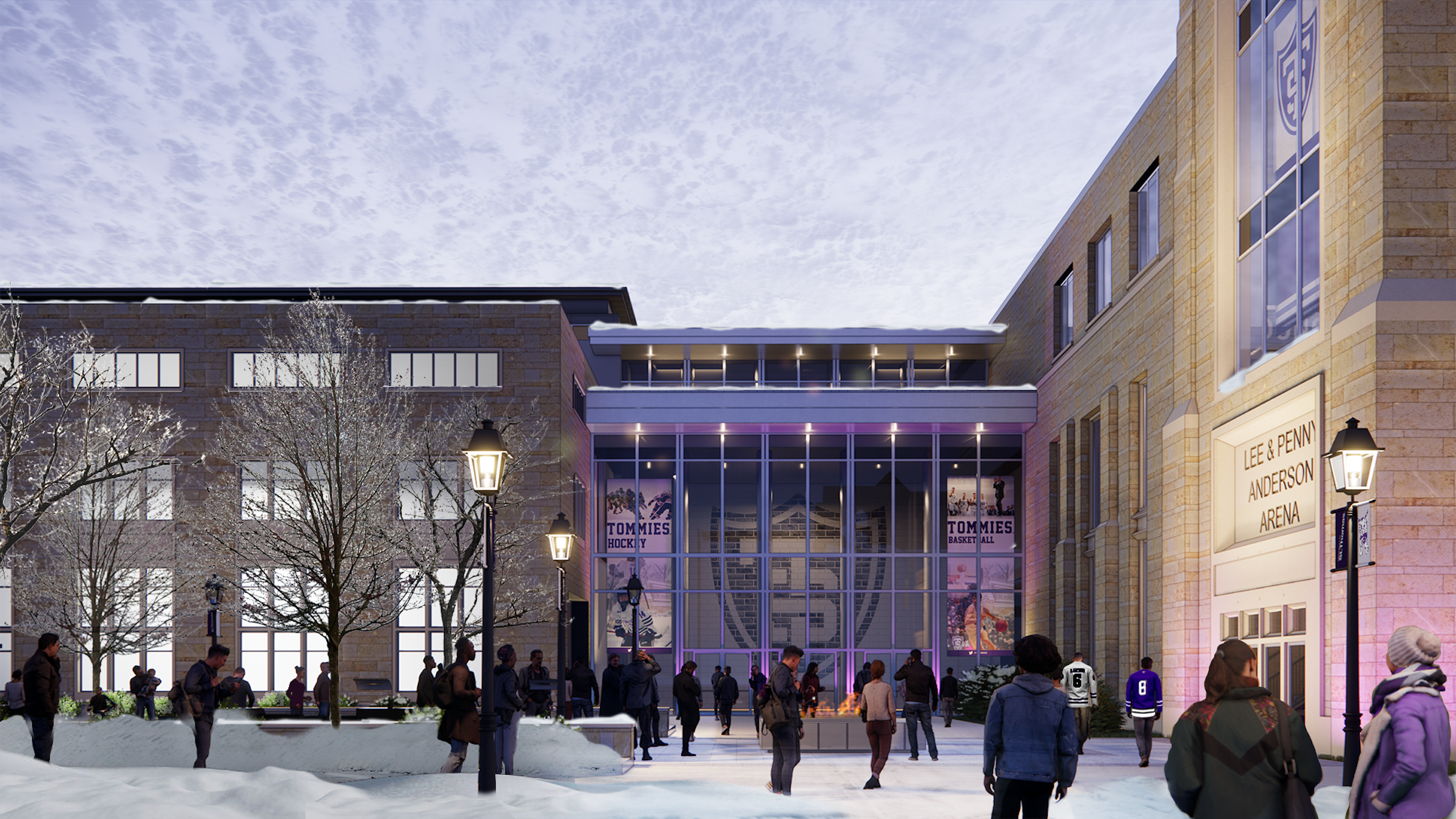 University of St. Thomas Lee and Penny Anderson Arena Renderings courtesy Ryan Companies, Crawford Architects Tower Entry Winter View