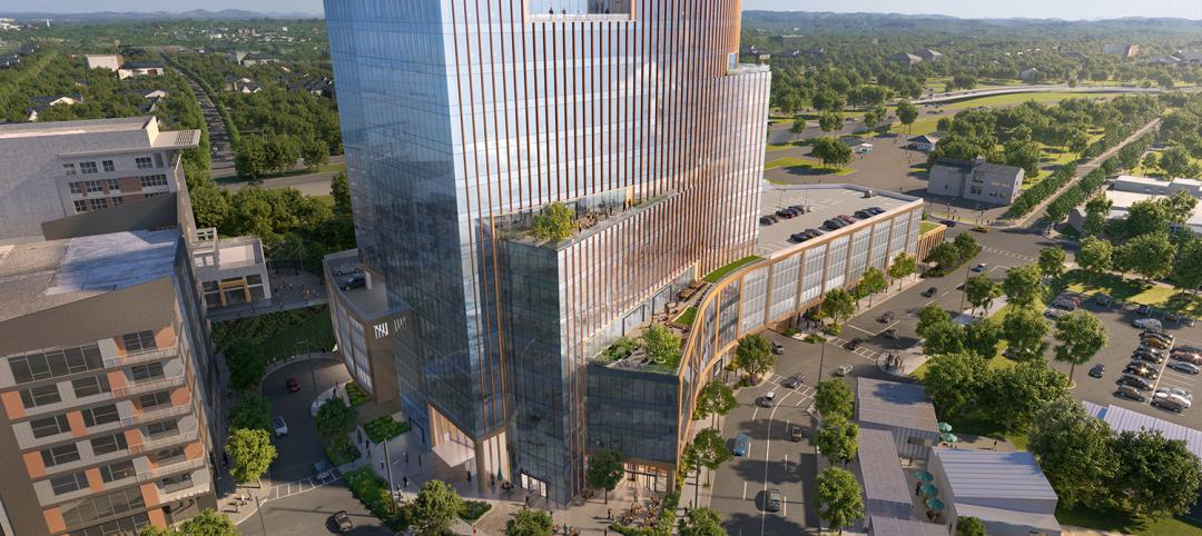 Construction recently started on 5 City Blvd, a 15-story office and mixed-use building in Nashville. Rendering courtesy Goettsch Partners