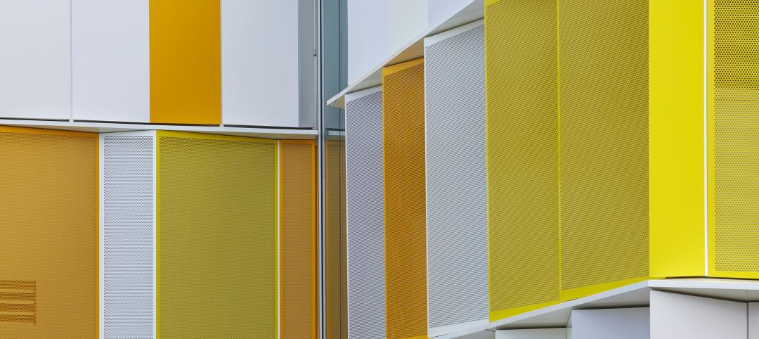 Perforated ALPOLIC metal composite materials in different white and yellow finishes, installed on Fleming College's A Wing