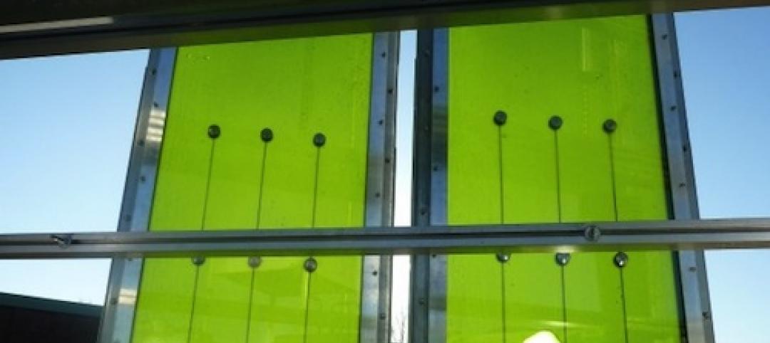 Algae "farms" sandwiched between glass faade panels.
