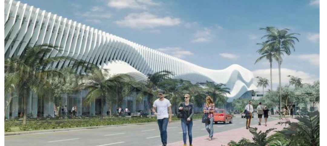A white wavy faade would distinguish a renovated Miami Convention Center. The c
