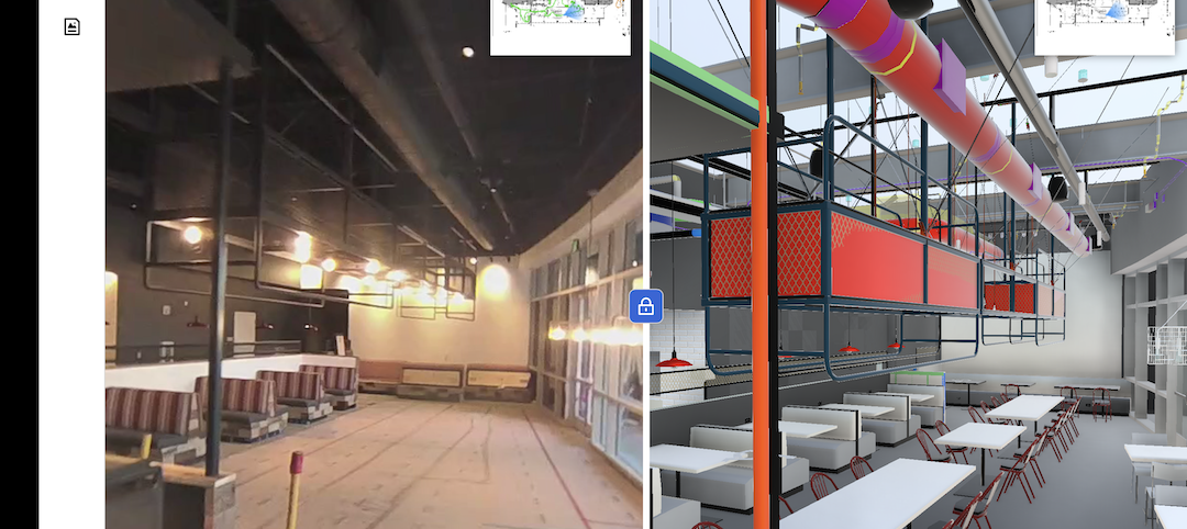 A side-by-side viewer compares an OpenSpace picture and the BIM model of a Level10 Construction project for a Silicon Valley tech company