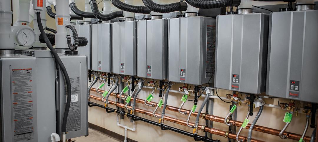 Multiple propane tankless water heaters installed in an apartment building.